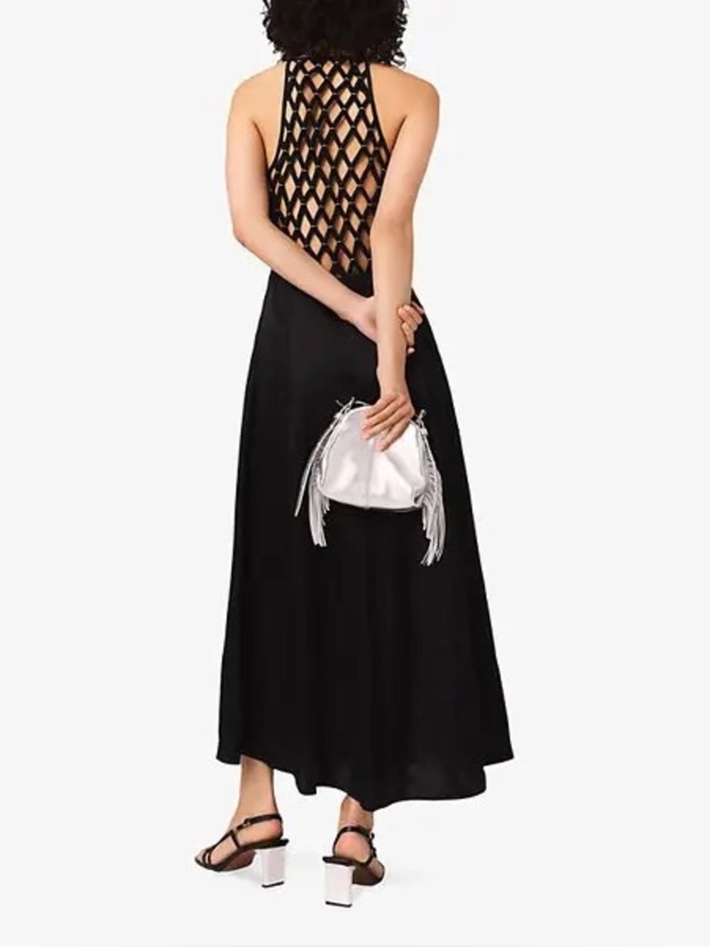 MAJE-Risorette Braided-Back Satin Maxi Dress Black-lattice open back SZ 36/S NWT